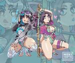  2girls absurdres blue_eyes breasts butterfly_ornament cleavage commission green_lips green_one-piece_swimsuit hair_ribbon highres large_breasts long_hair looking_at_viewer luna_snow luna_snow_(cool_summer) marvel marvel_rivals multicolored_hair multiple_girls navel nekitoron official_alternate_costume one-piece_swimsuit ponytail psylocke psylocke_(breezy_butterfly) purple_hair ribbon smile swimsuit x-men 