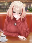  1girl absurdres alternate_costume aran_sweater artist_name azur_lane blonde_hair blurry blurry_background bokeh breasts brown_eyes cable_knit cafe casual chain chain_necklace closed_mouth coffee_mug commentary_request cross cup depth_of_field elbow_rest fingernails hair_between_eyes hand_on_own_cheek hand_on_own_face head_on_head head_rest heart highres indoors iron_cross jewelry large_breasts looking_at_viewer mug multicolored_hair necklace nobukusa0209 plant plate pov red_hair red_streaks red_sweater roon_(azur_lane) shelf short_hair sitting smile steam streaked_hair sweater table turtleneck turtleneck_sweater two-tone_hair 
