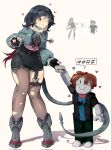  1girl animal_ears bacon_(roblox) black_gloves black_hair black_jacket black_pants black_shorts black_tube_top blue_shirt blush_stickers brown_hair commentary corrupted_twitter_file crossover fingerless_gloves full_body gloves green_jacket heart high-waist_shorts highres holding_hands jacket jane_doe_(zenless_zone_zero) long_hair looking_at_another mouse_ears mouse_girl mouse_tail mugiz pants pantyhose raised_eyebrows red_nails roblox shirt shorts simple_background single_leg_pantyhose smile speech_bubble standing strapless tail thighhighs torn_clothes torn_pantyhose tube_top white_background zenless_zone_zero |_| 