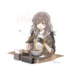  1boy arrow_(symbol) artist_name black_gloves black_jacket bowl commentary_request egg food glass gloves grey_hair hair_between_eyes hands_up highres holding holding_egg honkai:_star_rail honkai_(series) jacket lapels long_hair long_sleeves looking_at_food looking_down messy_hair miso_soup open_clothes open_jacket open_mouth rizu033 shirt sidelocks simple_background smile solo soup steam stelle_(honkai:_star_rail) t-shirt table tissue_box trailblazer_(honkai:_star_rail) tray upper_body white_background white_shirt yellow_eyes 