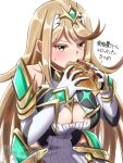  1girl blonde_hair breasts chest_jewel cleavage cleavage_cutout clothing_cutout core_crystal_(xenoblade) dress food highres holding holding_food holding_sandwich long_hair mythra_(xenoblade) piubiscuit sandwich simple_background solo tiara upper_body white_background white_dress xenoblade_chronicles_(series) xenoblade_chronicles_2 yellow_eyes 