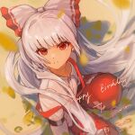  1girl absurdres artist_name blunt_bangs bow commission commissioner_name dated eyebrows_hidden_by_hair floating_hair from_above fujiwara_no_mokou grey_hair hair_bow hair_intakes happy_birthday highres long_hair long_sleeves looking_at_viewer looking_up outdoors pants red_eyes red_pants shirt solo suspenders tenosynovitis touhou very_long_hair white_bow white_shirt 