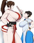  2girls absurdres anger_vein bare_shoulders biceps black_hair blue_unitard bracelet breasts brown_hair capcom china_dress chinese_clothes chun-li commentary double_bun dress earrings english_commentary fatal_fury folded_fan folding_fan groin gus_(emmarrgus) hair_bun half-closed_eyes hand_fan hand_on_own_hip height_difference high_ponytail highres holding holding_fan huge_breasts japanese_clothes jewelry large_breasts long_hair looking_at_another looking_up motoyui multiple_girls muscular muscular_female ninja pelvic_curtain ponytail revealing_clothes serratus_anterior shiny_skin shiranui_mai short_hair short_sleeves sideboob sideless_outfit simple_background sleeveless snk street_fighter street_fighter_6 tall_female the_king_of_fighters thick_thighs thighs unitard white_background wrist_guards 