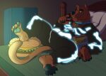 anthro anthrofied anthromanga appliance bed bulge canid canine canis claws clothing collar curling_toes domestic_dog feet food fridge furniture great_dane hanna-barbera hi_res kitchen_appliance looking_at_viewer male mammal mastiff molosser on_bed onesie pawpads reclining scooby-doo scooby-doo_(series) smile solo