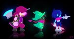  1boy 1girl 1other armlet axe blue_hair blue_skin boots bracelet buckle colored_skin deltarune glasses hair_over_eyes hat heart heart-shaped_buckle highres jewelry kris_(deltarune) over_shoulder pink_scarf purple_hair purple_skin ralsei scarf spiked_armlet spiked_bracelet spikes susie_(deltarune) uno_yuuji vest weapon weapon_over_shoulder wizard_hat yellow_teeth 