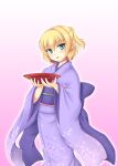  1girl alcohol alternate_costume bangs blonde_hair blush commentary_request cup eyebrows_visible_through_hair feet_out_of_frame green_eyes hair_between_eyes half_updo holding holding_cup isaki_(gomi) japanese_clothes kimono looking_at_viewer medium_hair mizuhashi_parsee obi open_mouth pink_background pointy_ears purple_kimono purple_sash sakazuki sake sash short_ponytail solo textless touhou 