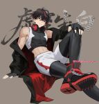  1boy absurdres black_gloves black_hair commentary_request compression_leggings fingerless_gloves gloves grey_background hand_on_own_knee headphones headphones_around_neck highres invisible_floor male_focus mole mole_under_eye multicolored_hair navel off_shoulder original parted_lips red_hair shoe_soles shorts simple_background sitting sleeveless solo stomach streaked_hair sweat tateokamiya teeth translation_request twitter_username white_shorts 