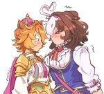  &gt;_&lt; 2girls ahoge animal_ears armor bag between_breasts blue_dress blush breasts brown_hair cape center_frills corset crown double-parted_bangs dress ear_ornament ear_piercing ear_ribbon ears_down flapjastic frills gold gold_corset hair_between_eyes hairband headband highres horse_ears horse_girl imminent_kiss jewelry large_breasts long_sleeves looking_at_breasts medium_hair meisho_doto_(turbulent_blue)_(umamusume) meisho_doto_(umamusume) mini_crown multicolored_hair multiple_girls orange_hair piercing pink_cape pink_crown pink_hairband pink_headband purple_eyes shirt short_hair shoulder_armor shoulder_bag simple_background strap_between_breasts sweat t.m._opera_o_(o_sole_suo!)_(umamusume) t.m._opera_o_(umamusume) two-tone_hair umamusume upper_body white_dress white_hair white_shirt yuri 