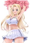  1girl armpits arms_up blonde_hair blue_eyes breasts cheering cheerleader crop_top dated holding holding_pom_poms hornet_(kancolle) kantai_collection kitagawa_mikio large_breasts long_hair looking_at_viewer midriff navel open_mouth pleated_skirt pom_pom_(cheerleading) shirt skirt sleeveless sleeveless_shirt smile solo twitter_username white_shirt white_skirt 