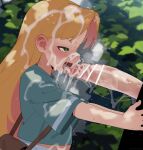  1boy 1girl absurdres after_fellatio aqua_jacket bar_censor blonde_hair blush censored colored_inner_hair commentary_request cum cum_on_body cum_on_clothes cum_on_hair facial green_eyes hetero highres jacket long_hair mizumizuni multicolored_hair open_mouth outdoors penis pink_hair ruri_no_houseki short_sleeves solo_focus sweat tanigawa_ruri tears two-tone_hair 