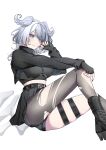  1girl aqua_eyes black_jacket black_nails black_shirt black_skirt blush breasts chest_harness cross-shaped_pupils elira_pendora elira_pendora_(goth) english_commentary fingerless_gloves gloves grey_hair half-jacket harness head_wings heterochromia highres jacket large_breasts looking_at_viewer low_wings midriff nijisanji nijisanji_en oekakissaerizoh pantyhose pleated_skirt purple_eyes shirt shorts shorts_under_skirt simple_background single_leg_pantyhose sitting skirt smile solo symbol-shaped_pupils thigh_strap thighs torn_clothes torn_pantyhose virtual_youtuber white_background wings 