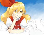  1boy 1girl blonde_hair bow buttons cat dress ellen_(touhou) ellen_fuwafuwaatama_aureus hair_bow hand_on_own_face happy hatarakimono kaigen_1025 long_hair open_mouth puffy_short_sleeves puffy_sleeves red_bow shirt short_sleeves sokrates_(touhou) takemoto_izumi_(style) touhou touhou_(pc-98) white_cat white_shirt yellow_eyes 