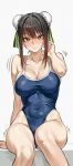  1girl absurdres bare_shoulders black_hair blue_one-piece_swimsuit blush breasts brown_hair bun_cover cleavage collarbone covered_navel double_bun fate/grand_order fate_(series) gradient_hair green_eyes green_ribbon hair_bun highres kamisato_sora large_breasts looking_at_viewer medium_hair multicolored_hair one-piece_swimsuit qin_liangyu_(fate) ribbon sidelocks sitting solo swimsuit thighs 