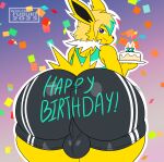 anthro big_butt birthday birthday_cake blonde_hair blue_eyes bottomwear bulge bulge_from_behind butt cake clothing dessert eeveelution food generation_1_pokemon hair hi_res jolteon looking_at_viewer looking_back male nintendo pokemon pokemon_(species) presenting presenting_hindquarters shirt shorts smile solo tank_top text text_on_clothing thick_thighs tight_bottomwear tight_clothing tight_shorts topwear wide_hips wolfe_fubuki zeeb_(wolfe_fubuki)