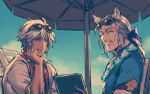  01rosso 2boys alternate_costume animal_ears blue_eyes closed_eyes erune facial_hair granblue_fantasy long_hair lucio_(granblue_fantasy) male_focus multiple_boys sevastian_(granblue_fantasy) short_hair sunglasses white_hair 