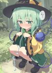  1girl absurdres black_hat black_shoes blush check_translation green_eyes green_hair green_skirt hat highres komeiji_koishi outdoors panties panty_pull peeing shirt shoes short_hair skirt solo squatting touhou toutou_(soyarrow) translation_request underwear white_panties yellow_shirt 