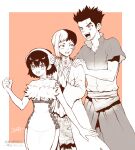  1girl 2boys asagiri_gen black_hair breasts cross-laced_clothes dr._stone dress fur_trim greyscale_with_colored_background hands_on_another&#039;s_shoulders highres monochrome multicolored_hair multiple_boys multiple_girls ninomae_gin ogawa_yuzuriha ooki_taiju open_mouth scar short_hair smile split-color_hair two-tone_hair 