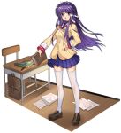 1girl :d ark_order bag bangs beige_jacket blue_skirt book bookbag brown_footwear clannad desk emblem faux_figurine fujibayashi_kyou full_body hair_intakes hair_ribbon hand_on_hip hikarizaka_private_high_school_uniform holding holding_book jacket loafers long_hair notebook official_art open_mouth pen pleated_skirt pppppan purple_eyes purple_hair ribbon sailor_collar school_uniform shoes sidelocks skirt sleeve_cuffs smile solo standing test thighhighs transparent_background white_legwear white_ribbon wooden_floor 