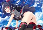  1girl ass azur_lane black_hair black_legwear blush breasts clothing_cutout cross duplicate fingerless_gloves from_side gloves iron_cross leotard long_hair looking_at_viewer medium_breasts open_mouth pixel-perfect_duplicate red_eyes short_sleeves solo thighhighs u-73_(azur_lane) yano_mitsuki 