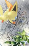  absurdres blue_eyes commentary_request drawing flying glass glass_writing highres index_finger_raised leaf no_humans open_mouth pokemon pokemon_(creature) purobe solo victini 