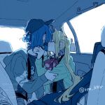  2girls bass_guitar blonde_hair blue_hair bocchi_the_rock! car ijichi_nijika instrument instrument_case kiss motor_vehicle multicolored_hair multiple_girls ree_(re-19) short_hair side_ponytail tagme yamada_ryo yuri 