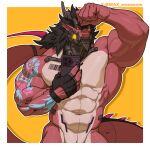 1:1 2_horns abs alvintanubis anthro arm_tattoo barcode barcode_tattoo biceps black_claws black_clothing black_gloves black_handwear black_horn black_sclera blue_tattoo cellphone chen_(alvintanubis) claws clothing cybernetic_jaw cybernetics deltoids dragon electronics finger_claws fingerless_gloves flower_tattoo forearm_muscles gloves hair handwear hi_res holding_cellphone holding_object holding_phone horn long_hair machine male max_wovenom mythological_creature mythological_scalie mythology navel obliques pecs phone red_body red_scales scales scalie serratus shoulder_tattoo solo tail tattoo triceps yellow_eyes