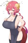  1girl absurdres aloe_(sos961111) apron black_apron black_legwear blush breasts cleavage collarbone dragon_girl dragon_horns dragon_tail eyebrows_visible_through_hair fang fingernails gradient_hair hand_on_hip highres horns huge_breasts ilulu_(maidragon) kobayashi-san_chi_no_maidragon large_breasts long_hair looking_at_viewer multicolored_hair naked_apron open_mouth oppai_loli pointy_ears purple_hair raised_eyebrows red_eyes red_hair simple_background skindentation slit_pupils smile tail thighhighs translated twintails white_background 