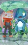  blush bright_pupils cloud cloudy_sky commentary_request drizzile hands_in_pockets highres holding improvised_umbrella no_humans open_mouth orange_eyes outdoors pokemon pokemon_(creature) purobe raboot rain sky standing toes water_drop white_pupils 