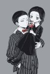  1boy 1girl alternate_hairstyle bags_under_eyes bow bowtie braid brother_and_sister buttons candy_apple carrying carrying_person collared_shirt commentary_request cosplay cowboy_shot dress food formal_clothes gomez_addams gomez_addams_(cosplay) grey_background hair_slicked_back hand_in_pocket hand_on_another's_shoulder highres holding holding_candy_apple holding_food jacket kuroki_tomoki kuroki_tomoko licking long_dress long_hair long_sleeves looking_at_another looking_at_viewer mary_janes monochrome nuka_(nukamochi) pants pantyhose red_bow red_bowtie shirt shoes short_hair siblings simple_background spot_color striped_clothes striped_jacket striped_pants striped_suit suit the_addams_family tongue tongue_out twin_braids watashi_ga_motenai_no_wa_dou_kangaetemo_omaera_ga_warui! wednesday_addams wednesday_addams_(cosplay) 