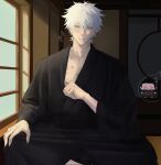  2boys 9enesiass alternate_costume anger_vein bite_mark bite_mark_on_chest bite_mark_on_neck blue_eyes blush closed_mouth getou_suguru gojou_satoru hair_between_eyes hand_on_own_knee hickey highres japanese_clothes jujutsu_kaisen male_focus mismatched_eyebrows multiple_bite_marks multiple_boys short_hair sweat white_hair yaoi 