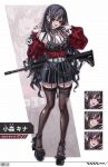  1girl absurdres bare_shoulders belt black_choker black_dress black_hair black_shoes black_thighhighs breasts cardigan choker cleavage commentary dress ear_piercing fingernails full_body garter_straps grey_belt grid_background gun hands_up heart heart_o-ring highres kasasagi_(kasasagi0000) large_breasts long_fingernails long_hair nail_polish o-ring o-ring_thigh_strap open_cardigan open_clothes open_mouth original piercing pleated_dress red_cardigan red_eyes rifle shoes sleeveless sleeveless_dress solo symbol-only_commentary teeth thigh_strap thighhighs torn_clothes torn_thighhighs translation_request upper_teeth_only very_long_hair weapon weapon_on_back white_background zoom_layer 