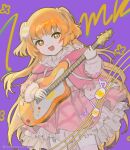  1girl :d blush cowboy_shot drawstring dutch_angle egg_hair_ornament food-themed_hair_ornament frilled_jacket frills from_below hair_ornament hair_ribbon highres hood hooded_jacket jacket kirara_tamako kirara_tamako_(2nd_costume) long_hair long_sleeves looking_at_viewer musical_note nijisanji open_clothes open_jacket open_mouth orange_eyes orange_hair petticoat pink_jacket pink_skirt plaid_clothes plaid_skirt pleated_skirt puffy_long_sleeves puffy_sleeves purple_background ribbon shirt simple_background skirt sleeves_past_wrists smile solo standing thighhighs twitter_username two-sided_fabric two-sided_jacket two_side_up virtual_youtuber white_ribbon white_shirt white_thighhighs ych96530 