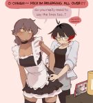  2girls absurdres black_hair black_pantyhose black_shirt black_thighhighs closed_eyes dark-skinned_female dark_skin english_text grey_eyes grey_hair hair_bun hands_on_another's_hips highres jacket machuuu68 maid multiple_girls open_clothes open_jacket original pants pantyhose recording red_hair semi-rimless_eyewear shirt short_hair shorts suit thighhighs white_jacket 