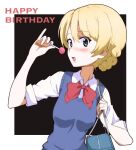  1girl alternate_costume bag bangs black_background blonde_hair blue_eyes blue_sweater_vest blue_vest blush border bow bowtie braid candy collared_shirt darjeeling_(girls_und_panzer) eyebrows_visible_through_hair food girls_und_panzer hair_between_eyes happy_birthday holding holding_candy holding_food holding_lollipop kayabakoro lips lollipop looking_at_viewer looking_to_the_side open_mouth red_bow red_bowtie school_bag school_uniform shirt sleeves_rolled_up sweater_vest swept_bangs vest white_border white_shirt 