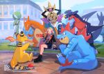  1girl aegislash alligator ampharos animal animal_hands belt bench black_boots boots cellphone charizard city creature crocodilian dragon english_text fangs feraligatr fire garchomp gardevoir grass hand_on_own_face lamppost mega_stone mo~zu park park_bench phone pokemon pokemon_legends:_z-a road rotom rotom_phone shield shorts sitting smile street sword tag teeth weapon 
