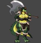 2025 5_fingers absurd_res anthro axe big_breasts black_toe_claws breasts bulging_breasts claws clothed clothed_anthro clothed_female clothing countershade_torso countershading crocodilian digital_drawing_(artwork) digital_media_(artwork) female female_anthro fingers front_view full-length_portrait fur_clothing green_body green_tail grey_background hair hi_res holding_axe holding_object huge_breasts jewelry large_weapon midriff navel necklace non-mammal_breasts palesnake portrait reptile scalie simple_background snaggle_teeth solo standing tail teeth toe_claws topwear torn_clothing torn_topwear yellow_body yellow_countershading
