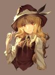  1girl absurdres beige_background blonde_hair bolo_tie brown_headwear brown_vest closed_mouth frilled_hat frills hand_in_hair hat hat_feather highres jacket_girl_(dipp) long_hair long_sleeves looking_at_viewer red_eyes ribbon shirt simple_background smile touhou upper_body very_long_hair vest wavy_hair wb_yimo white_shirt yellow_neckwear 
