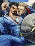  2boys arc_reactor avengers_(series) black_facial_hair black_hair blonde_hair blue_eyes blue_jacket blue_pants blue_sky blue_suit chest_jewel clenched_hand commentary english_commentary facial_hair hair_slicked_back highres holding holding_shield jacket looking_at_another looking_at_viewer male_focus marvel marvel_rivals mature_male multiple_boys muscular muscular_male official_alternate_costume outdoors pants pinstripe_pattern pinstripe_suit shield short_hair sitting sky sofdida_thing spread_legs steve_rogers suit sunglasses tinted_eyewear tony_stark twitter_username yaoi yellow-tinted_eyewear 