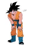  1boy abs ankle_boots bent_over black_eyes black_hair blue_footwear blue_sash blue_wristband boots character_name closed_mouth clothes_writing collarbone commentary_request dougi dragon_ball dragon_ball_super dragon_ball_z_fukkatsu_no_f facing_viewer fingernails full_body hair_strand hands_on_own_knees kz_(dbz_kz) looking_afar looking_to_the_side male_focus muscular muscular_male obi pectorals sash simple_background smile solo son_goku spiked_hair standing white_background wristband 