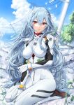  1girl ayanami_rei bangs bird blue_hair blue_sky blurry bodysuit bracelet breasts cloud cloudy_sky commentary_request depth_of_field evangelion:_3.0+1.0_thrice_upon_a_time eyebrows_visible_through_hair full_body hair_between_eyes hair_ornament highres horizon interface_headset jewelry long_hair long_sleeves looking_at_viewer medium_breasts meltyrice neon_genesis_evangelion parted_lips plugsuit rebuild_of_evangelion red_eyes seiza sidelocks silver_hair sitting sky solo utility_pole white_bodysuit 