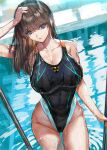 1girl bangs black_swimsuit blue_eyes breasts brown_hair cleavage collared_shirt commentary_request competition_swimsuit eyebrows_visible_through_hair hand_on_own_head highleg highleg_swimsuit highres large_breasts long_hair looking_at_viewer one-piece_swimsuit original parted_lips pool pool_ladder ran&#039;ou_(tamago_no_kimi) shiny shiny_hair shirt solo straight_hair swimsuit water wet wet_clothes wet_swimsuit 