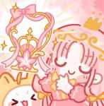  >_< 1girl animal blunt_bangs blush_stickers bow bowtie cat center_frills cherry_blossoms chibi chinese_commentary circlet closed_eyes closed_mouth clothed_animal commentary_request cowboy_shot crown day ear_covers emphasis_lines frills gold_crown hair_bow happy highres hood hood_up infinity_nikki long_hair low_twintails mini_crown momo_(nikki) nikki_(nikki) nikki_(series) open_mouth outdoors parted_bangs pink_hair pink_shirt pink_skirt shirt skirt skirt_set sky smile sparkle tree trophy twintails variant_set very_long_hair white_cat white_sky yanxie_(lofter_926943) yellow_bow yellow_bowtie yellow_hood 