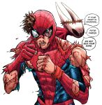  1boy 1girl animal_print artist_name blood blood_from_mouth bodysuit brown_eyes brown_hair bruise bruised_eye crossover crown_of_thorns english_text fighting_stance highres hollow_knight hollow_knight:_silksong hornet_(hollow_knight) injury jojo_no_kimyou_na_bouken looking_at_viewer marvel mask nosebleed peter_parker pizza990 scene_reference speech_bubble spider-man spider-man_(series) spider_print spider_web_print torn_bodysuit torn_clothes torn_mask white_mask 