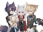  1girl 2boys aged_down animal_ears aventurine_(honkai:_star_rail) bare_shoulders black_hat blonde_hair blue_eyes blush cat_ears cat_tail children&#039;s_day closed_mouth colored_inner_hair commentary_request detached_sleeves dr._ratio_(honkai:_star_rail) glasses hair_ornament hairclip hat highres honkai:_star_rail honkai_(series) kemonomimi_mode looking_at_viewer multicolored_eyes multicolored_hair multiple_boys nanyi46293 numby_(honkai:_star_rail) open_mouth pillow purple_eyes purple_hair red_eyes red_hair short_hair tail topaz_(honkai:_star_rail) trotter_(honkai:_star_rail) white_hair 