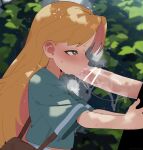  1boy 1girl absurdres aqua_jacket bar_censor blonde_hair blush censored colored_inner_hair commentary_request fellatio green_eyes heart heart-shaped_pupils hetero highres jacket long_hair mizumizuni multicolored_hair open_mouth oral outdoors penis pink_hair ruri_no_houseki saliva_on_penis short_sleeves solo_focus sweat symbol-shaped_pupils tanigawa_ruri tears two-tone_hair 