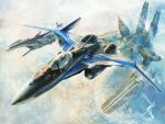  1boy blue_eyes blue_hair canards canopy_(aircraft) energy_cannon flying from_above hayate_immelmann macross macross_delta macross_elysion mecha ocean official_art open_mouth realistic science_fiction tenjin_hidetaka variable_fighter vf-31 vf-31j water 