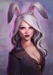  1girl animal_ears avatar_(ffxiv) breasts cleavage commission final_fantasy final_fantasy_xiv highres june_jenssen lips long_hair looking_at_viewer medium_breasts mole mole_under_eye multicolored_hair purple_eyes rabbit_ears solo two-tone_hair upper_body viera white_hair 