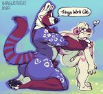 2020 4_fingers abstract_background african_civet ankle_markings anthro arm_markings big_butt big_muscles biped black_claws black_finger_claws black_nose black_pawpads black_toe_claws body_hair breath brown_eyebrows brown_nose butt butt_markings chest_hair civet claws countershade_torso countershading curled_tail delta_(nargleflex) dialogue digital_media_(artwork) duo english_text eyebrows feet finger_claws fingerless_(marking) fingers fur hair hand_on_another&#039;s_shoulder hand_on_shoulder handwritten_text humanoid_hands kneeling larger_anthro larger_male leg_markings looking_down looking_down_at_another male male_anthro mammal markings mephitid multicolored_body multicolored_fur muscular muscular_anthro muscular_male nargle nargle_(nargleflex) nargleflex narrowed_eyes nude nude_anthro nude_male open_mouth open_smile pawpads pink_body pink_countershading pink_ears pink_fur pink_markings pink_stripes plantigrade pubes purple_body purple_fur reassuring red_body red_fur ring_(marking) ringed_tail side_view signature size_difference skunk smaller_anthro smaller_male smile smiling_at_another speech_bubble spots spotted_body spotted_fur standing striped_body striped_fur striped_markings striped_skunk striped_tail stripes tail tail_markings teeth text toe_claws toeless_(marking) toes two_tone_body two_tone_fur viverrid whisker_spots whiskers white_body white_fur white_hair yellow_sclera