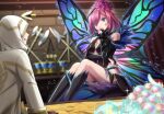  1girl 1other axe bangs bare_shoulders black_dress blue_eyes boots breasts butterfly_wings center_opening cleavage_cutout clothing_cutout commission covering_mouth dress facial_mark fairy_wings feathers fire_emblem fire_emblem_heroes floating flower gloves gradient_clothes grail hair_flower hair_ornament hair_over_one_eye hair_vines hand_over_own_mouth highres hood kakiko210 kiran_(fire_emblem) lance medium_hair orb polearm purple_hair skeb_commission sparkle spear table thorns triandra_(fire_emblem) weapon wings 