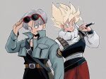  2boys adjusting_eyewear arm_at_side armor belt black_belt black_pants black_shirt blonde_hair blue_eyes capsule_corp carrying_over_shoulder closed_mouth commentary_request denim denim_jacket dragon_ball dragon_ball_z eye_contact fingernails green_eyes grey_background grey_hair hand_on_headwear hand_up high_collar holding holding_sword holding_weapon jacket kz_(dbz_kz) light_smile long_sleeves looking_at_another loose_belt male_focus multiple_boys orange_belt outline pants pectorals puffy_long_sleeves puffy_sleeves red-framed_eyewear red_pants sheath shirt shirt_tucked_in side-by-side sideways_glance simple_background son_goku spiked_hair standing sunglasses super_saiyan super_saiyan_1 sword trunks_(dragon_ball) trunks_(future)_(dragon_ball) turtleneck upper_body weapon white_outline 